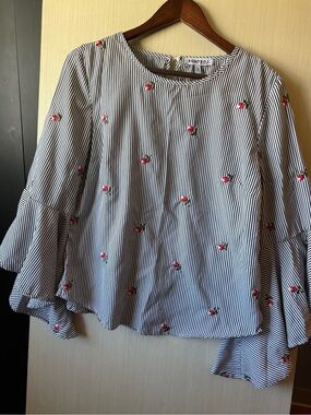 Kontrol Striped Embroidered Bell Sleeve Blouse - Black & White with Red Accents
